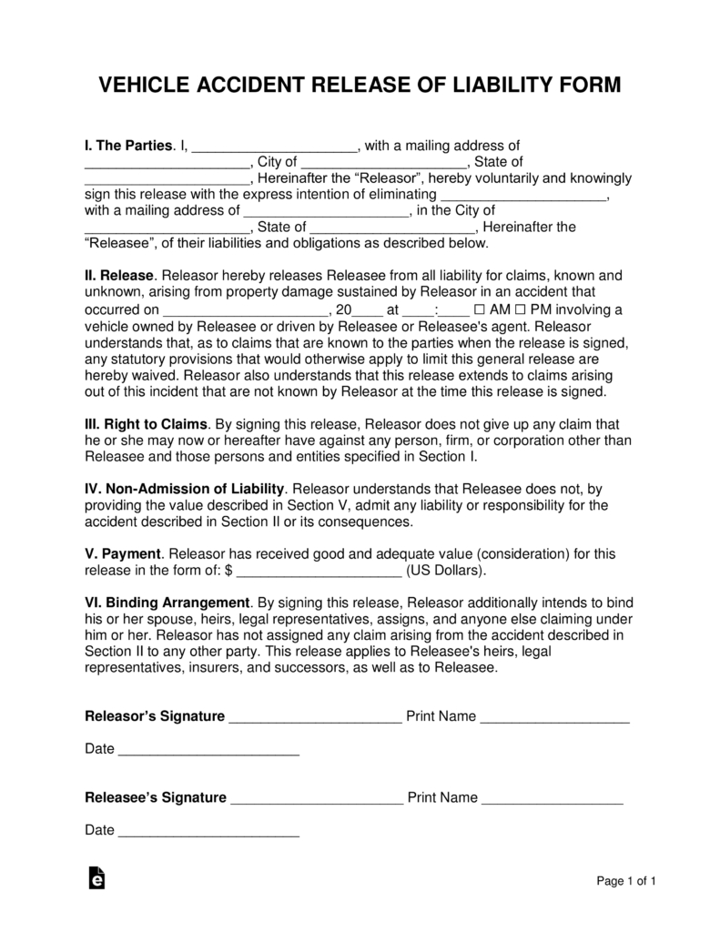 Payment Agreement Contract For Car Free Car Accident Release Of Liability Form Settlement Agreement