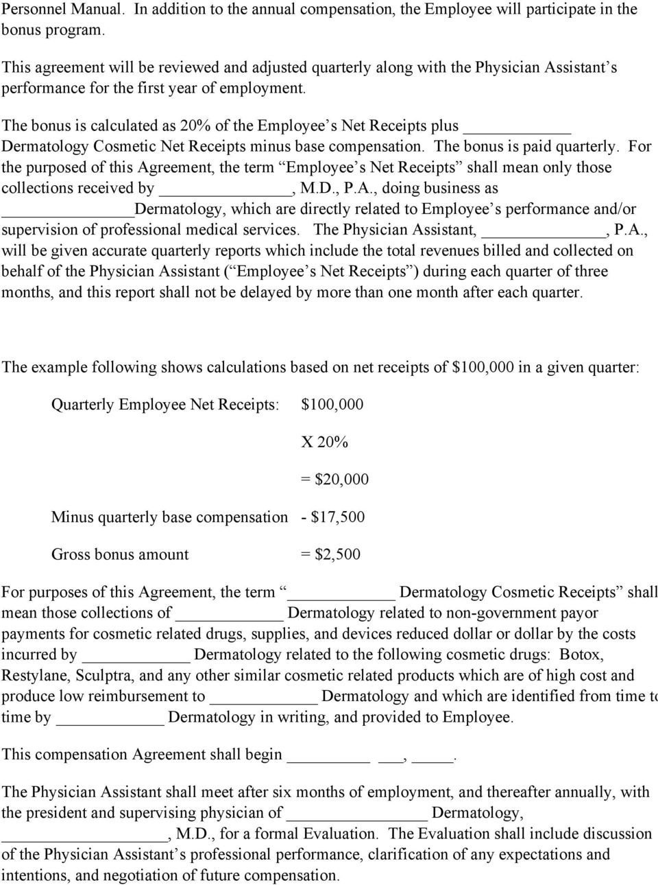 Performance Bonus Agreement Physician Assistant Employment Agreement Terms Of Agreement Pdf