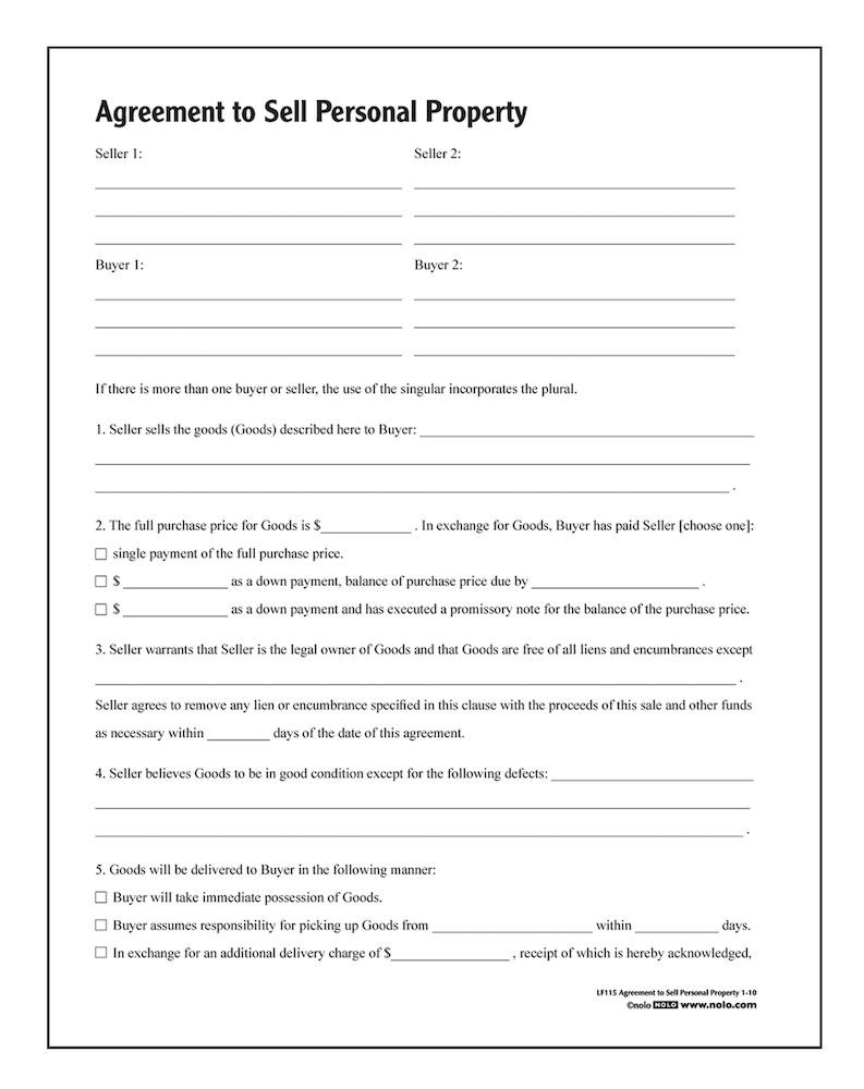 Personal Agreement Template Agreement To Sell Personal Property Forms And Instructions