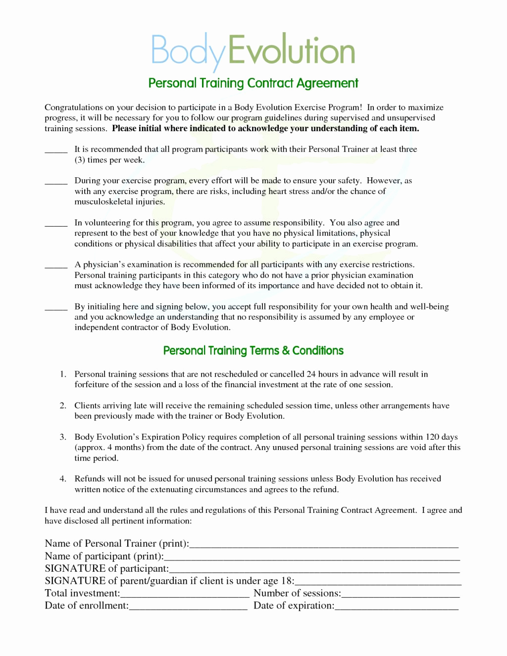 Personal Agreement Template Personal Trainer Contract Template Luxury Personal Training Client