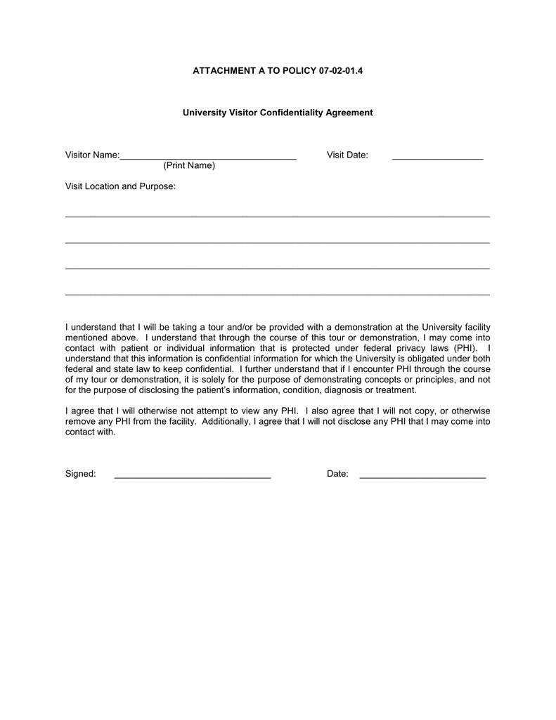 Phi Confidentiality Agreement Attachment A To Policy 07 02 014 University Visitor Confidentiality