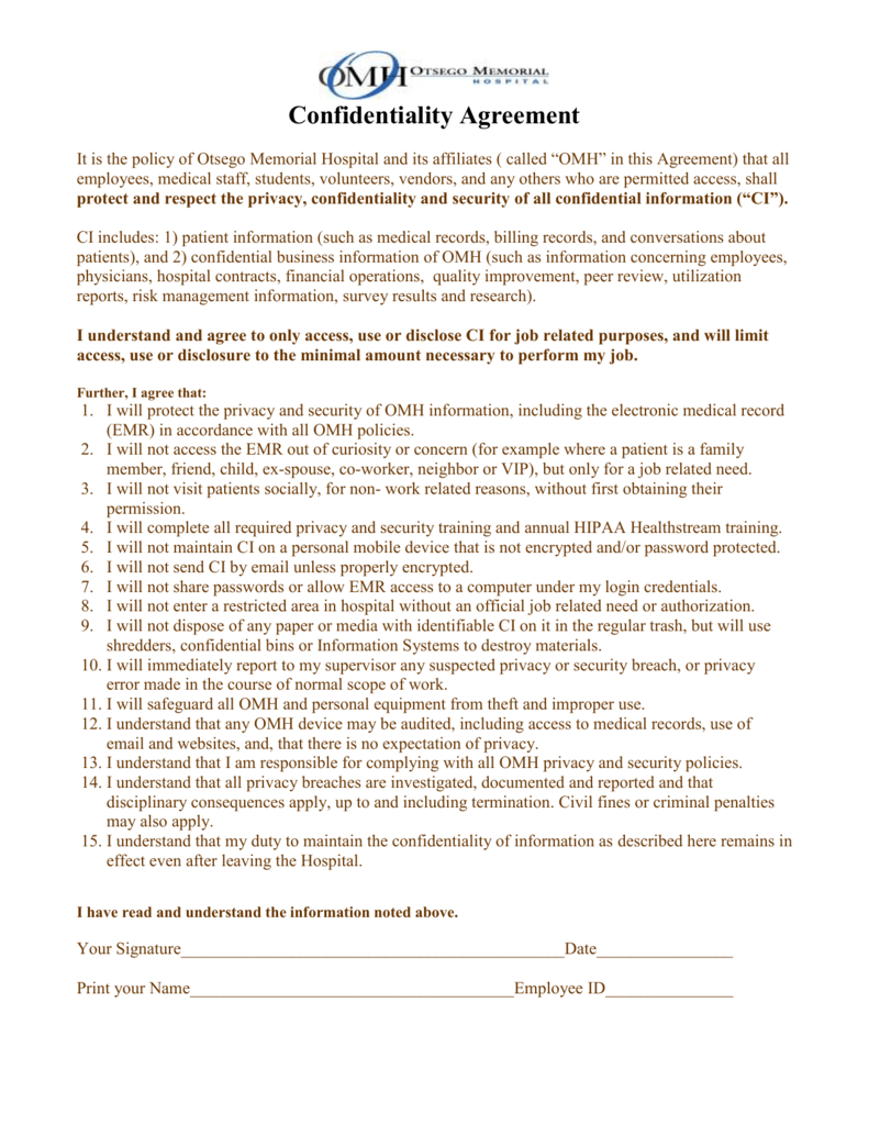 Phi Confidentiality Agreement Confidentiality And System Usage Agreement