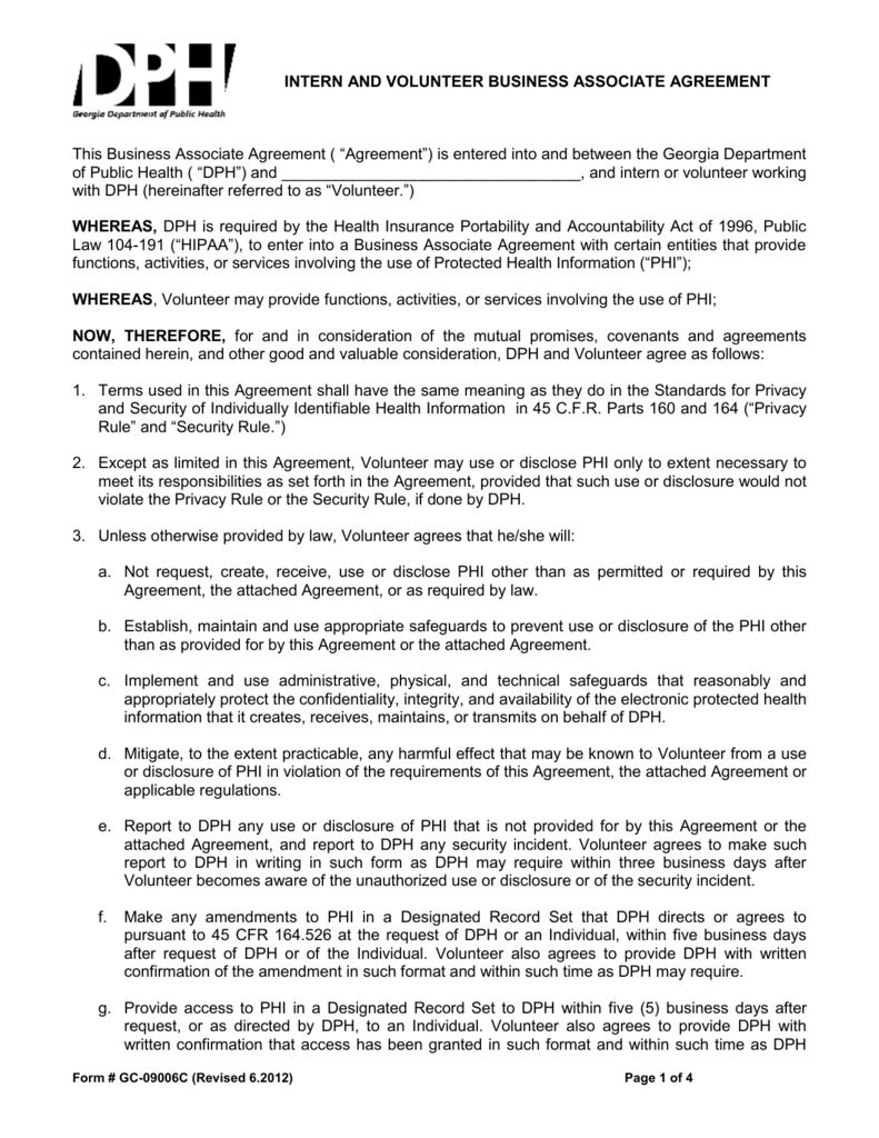 Phi Confidentiality Agreement Gc 09006c Intern And Volunteer Business Associate Agreement