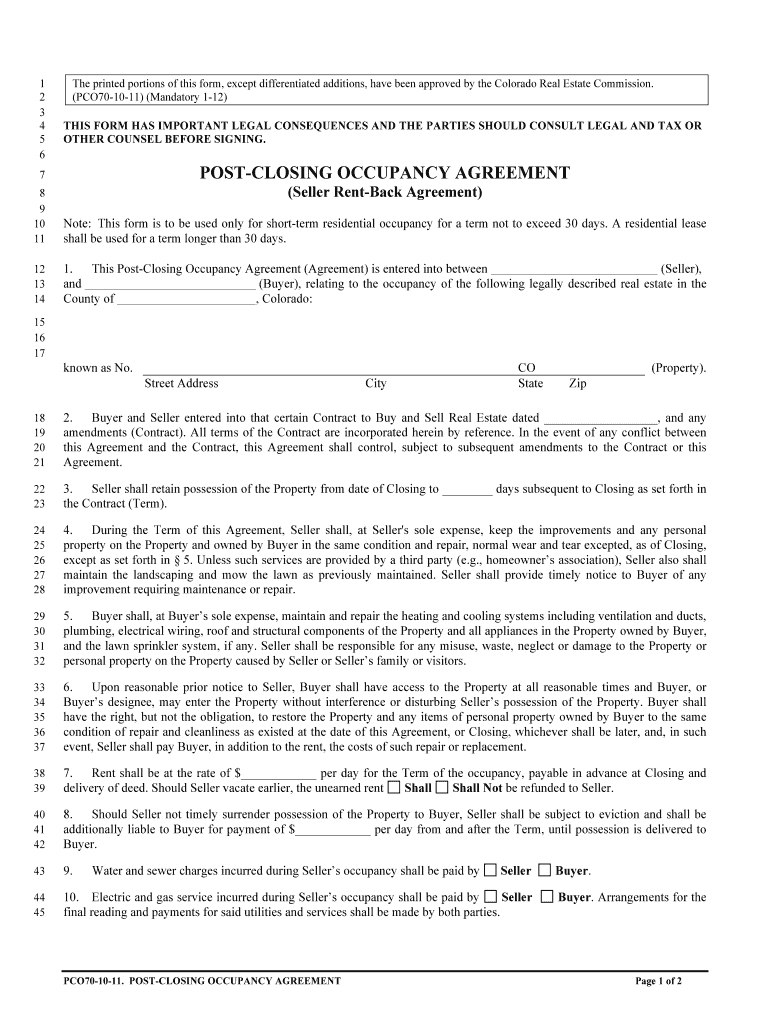 Post Closing Occupancy Agreement Colorado Post Closing Occupancy Agreement Fill Online Printable