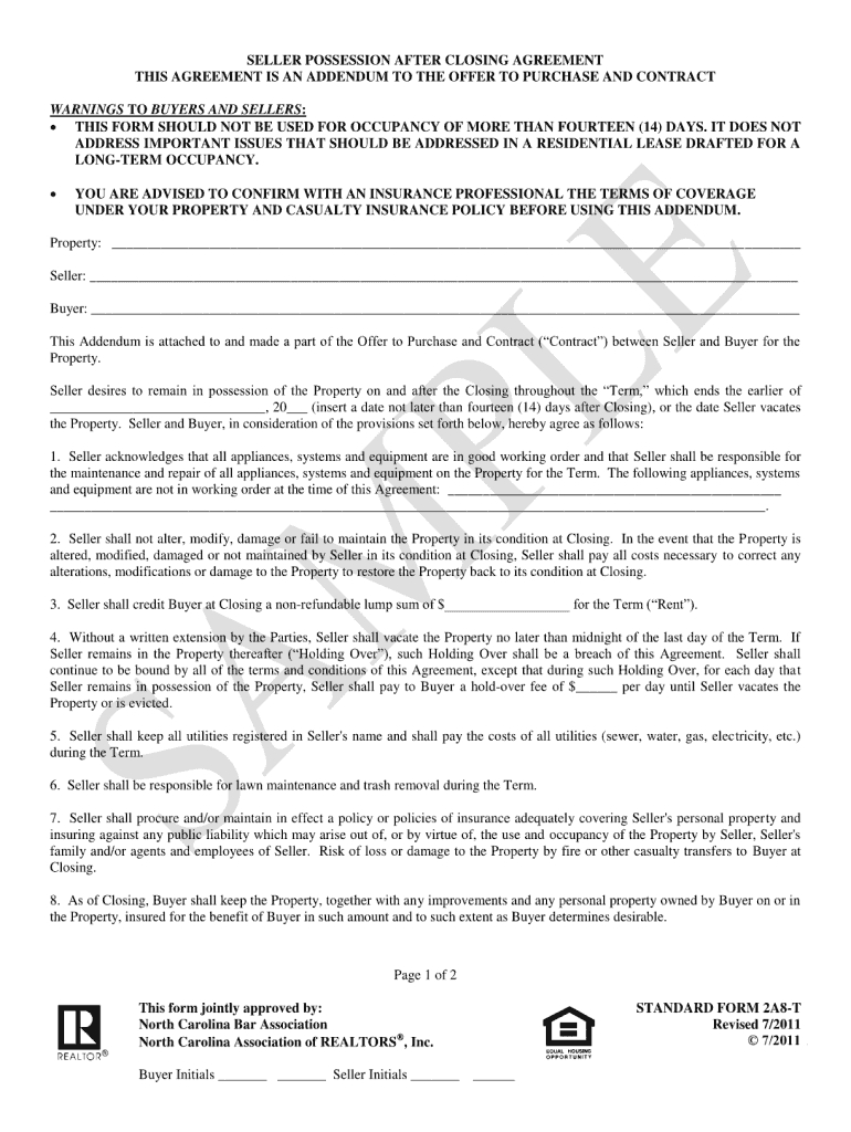 Post Closing Occupancy Agreement Form 2a8 T Fill Online Printable Fillable Blank Pdffiller