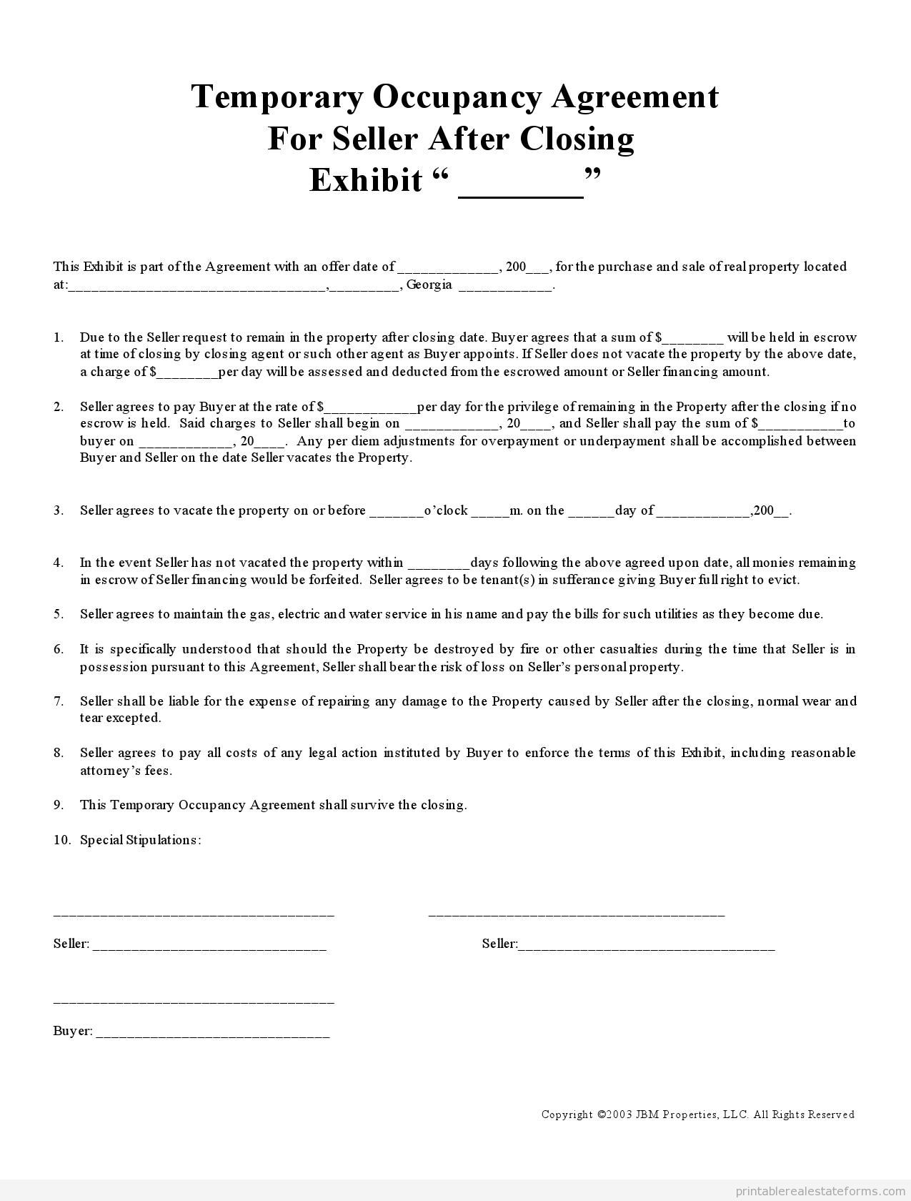 Post Closing Occupancy Agreement Free Temporary Occupancy Agreement Template Word Form