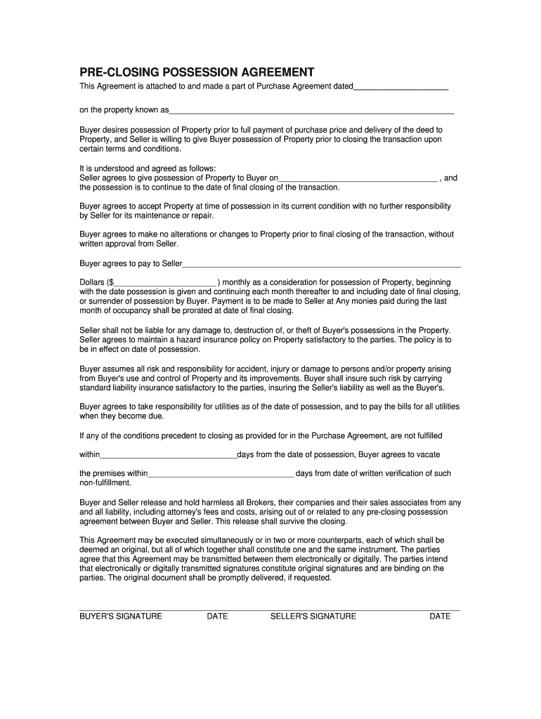 Post Closing Occupancy Agreement Pre Possesiion On A Home Purchase In Az Fill Online Printable