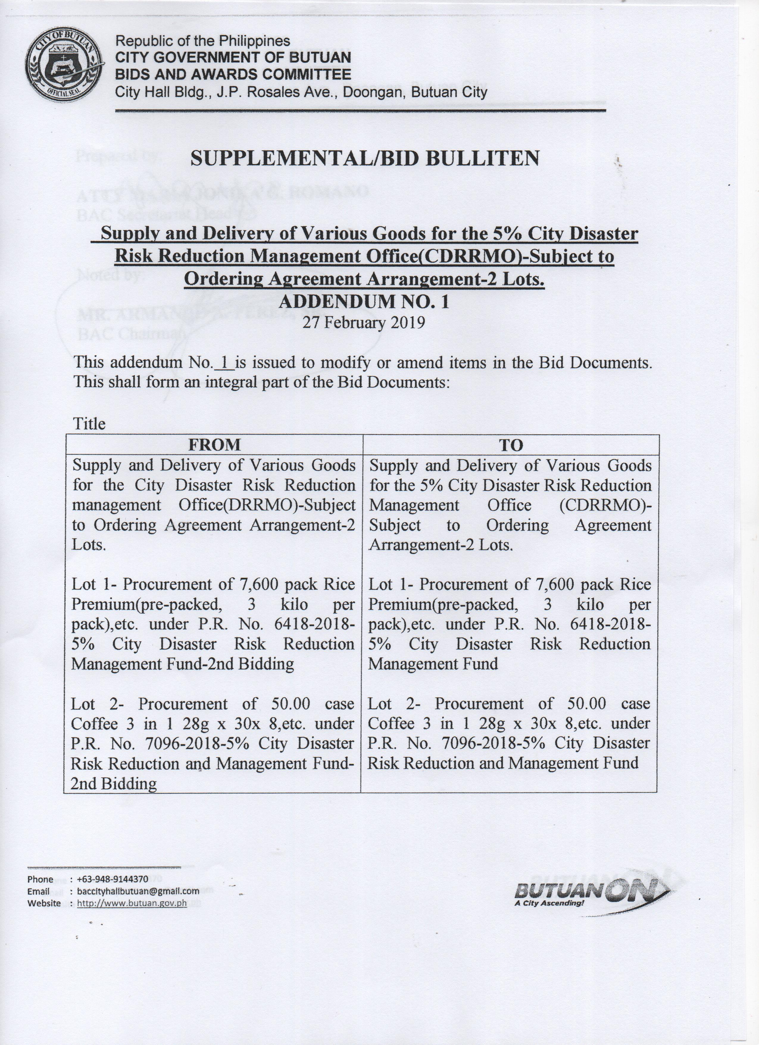 Pre Bid Agreement Supply And Delivery Of Various Goods For The 5 City Disaster Risk