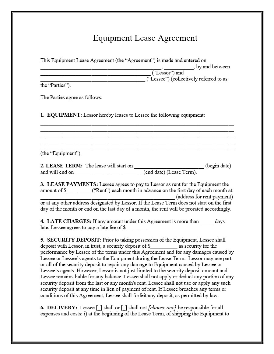 Printable Lease Agreement 44 Simple Equipment Lease Agreement Templates Template Lab