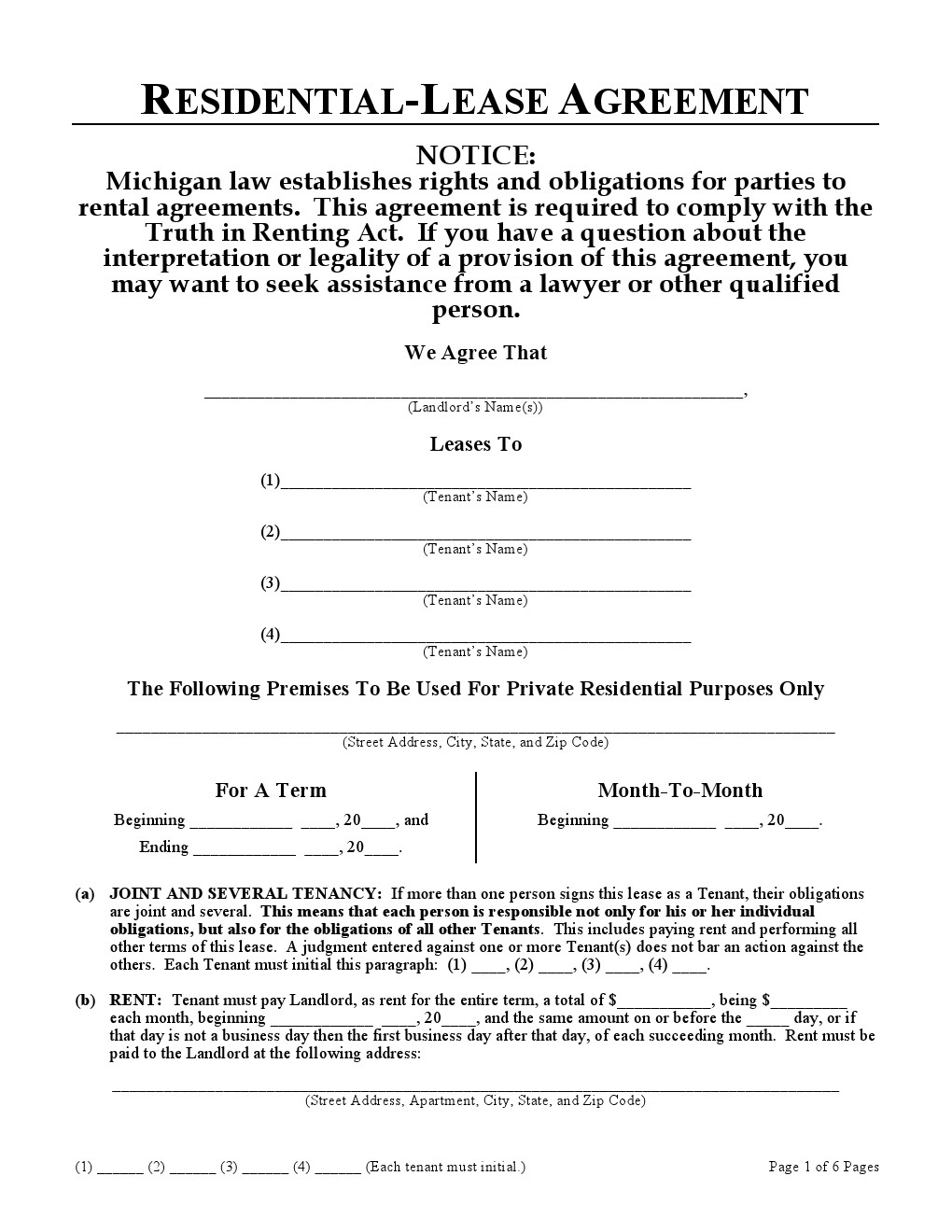 Printable Lease Agreement Download Free Michigan Residential Lease Agreement Printable Lease