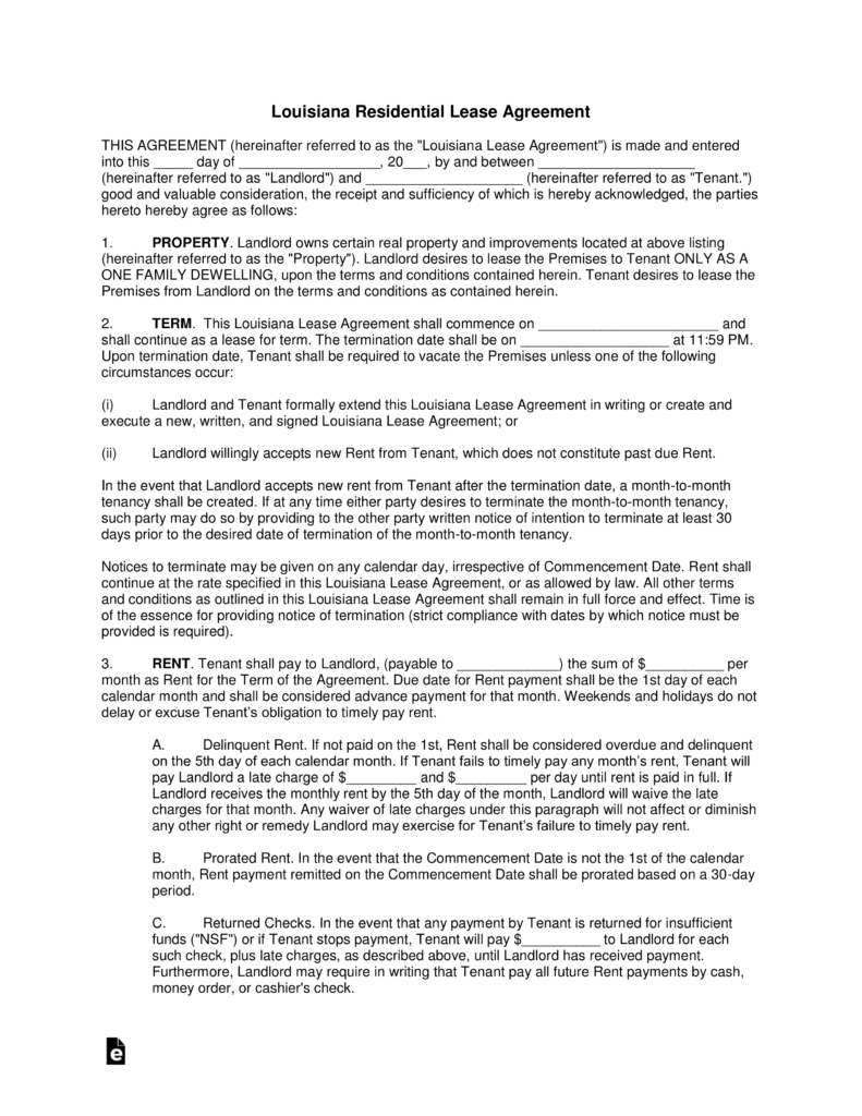 Printable Lease Agreement Free Louisiana Standard Residential Lease Agreement Template Pdf