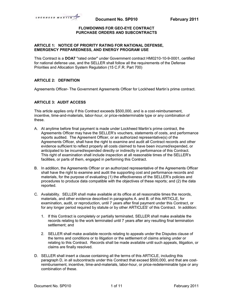 Priority Agreement Definition Document No Sp010 February 2011
