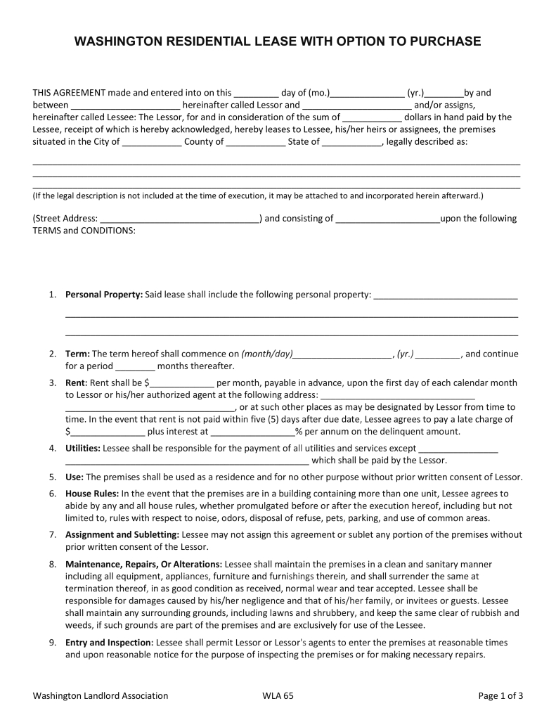 Private Rental Agreement Wa Free Washington Residential Lease With Option To Purchase Form Pdf