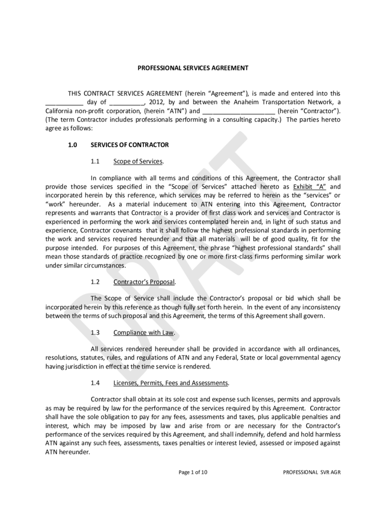 Professional Services Agreement 011 Service Contractplate Professional Services Agreement Resume