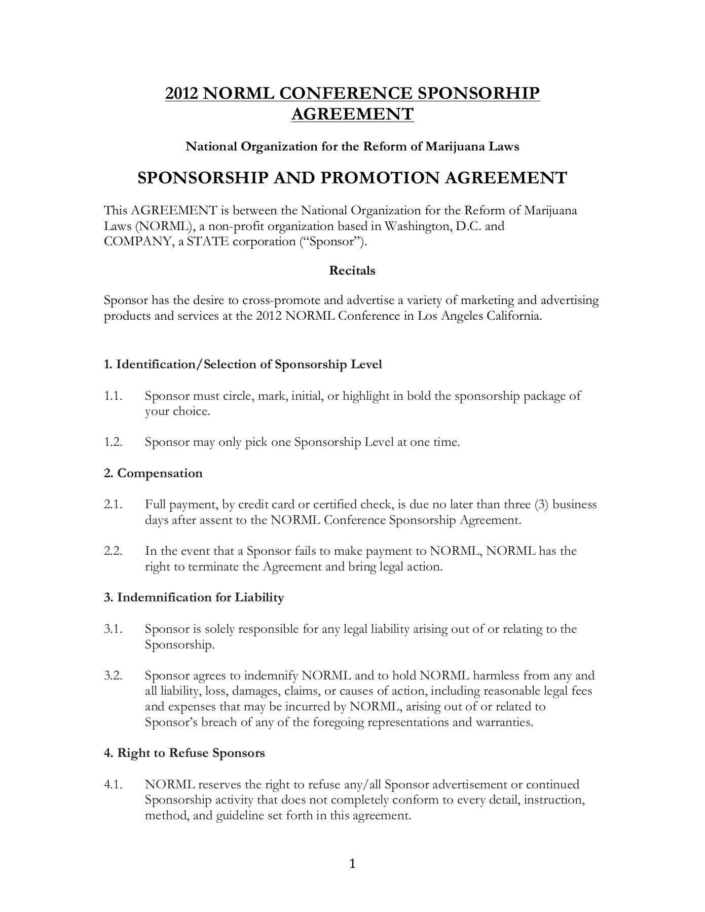 Promotion Agreement Template Sponsorship And Promotion Agreement Norml