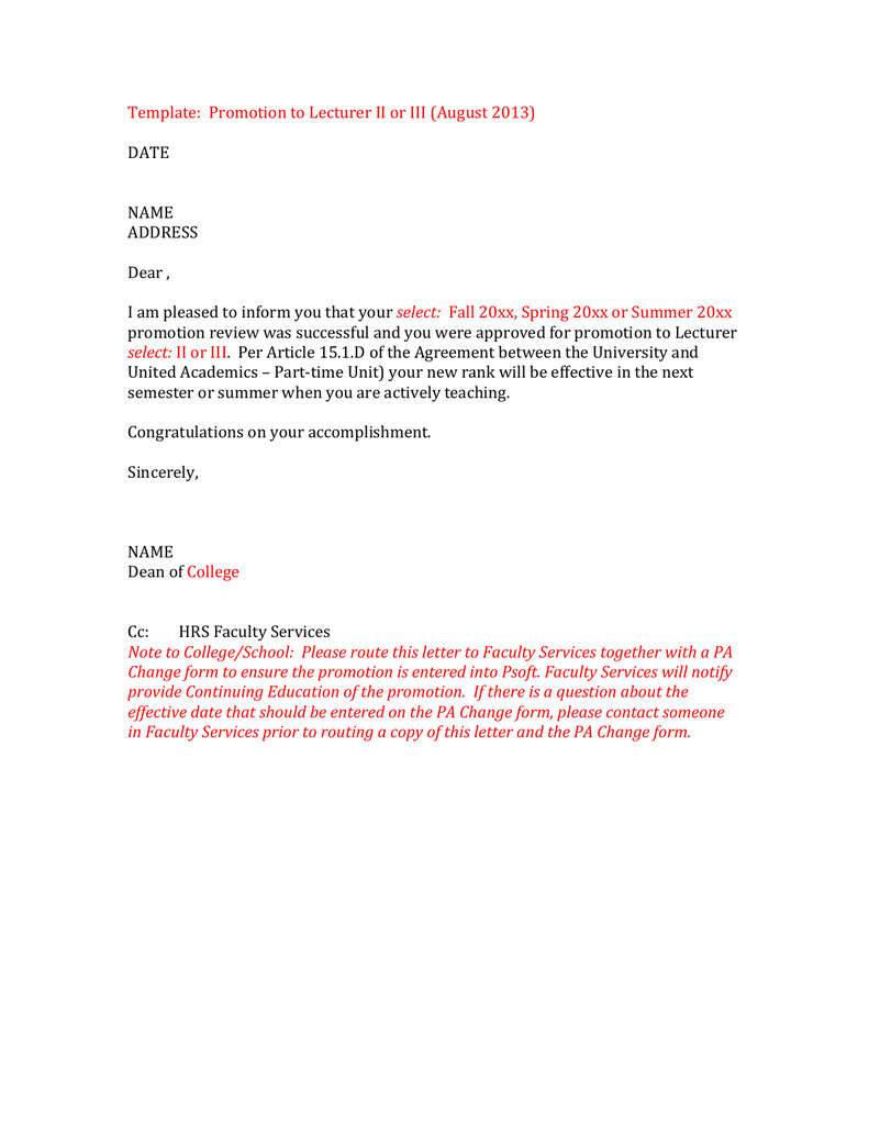 Promotion Agreement Template Template Promotion To Lecturer Ii Or Iii August 2013 Date Name