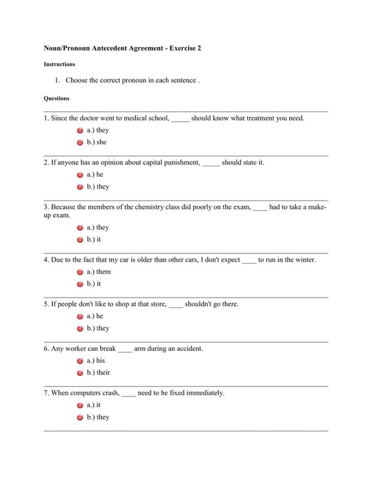 Noun Pronoun Agreement Exercises With Answers