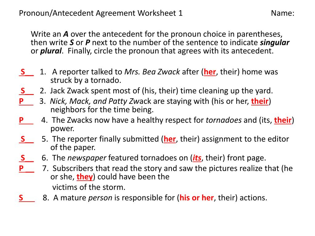 Pronoun Antecedent Agreement Exercises Ppt Pronoun Antecedent Agreement Powerpoint Presentation Id1631547