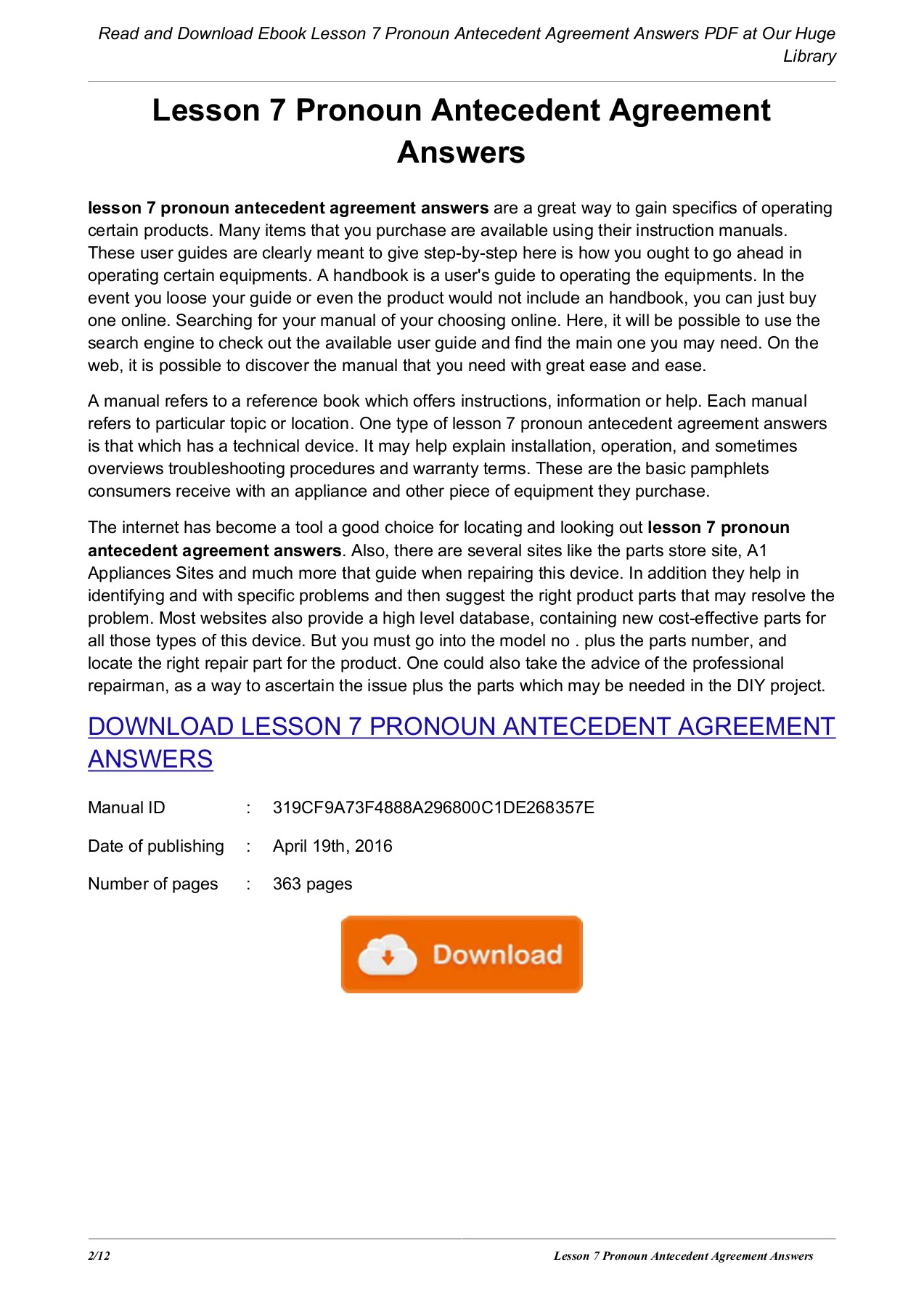 Pronoun Antecedent Agreement Worksheet Lesson 7 Pronoun Antecedent Agreement Answers