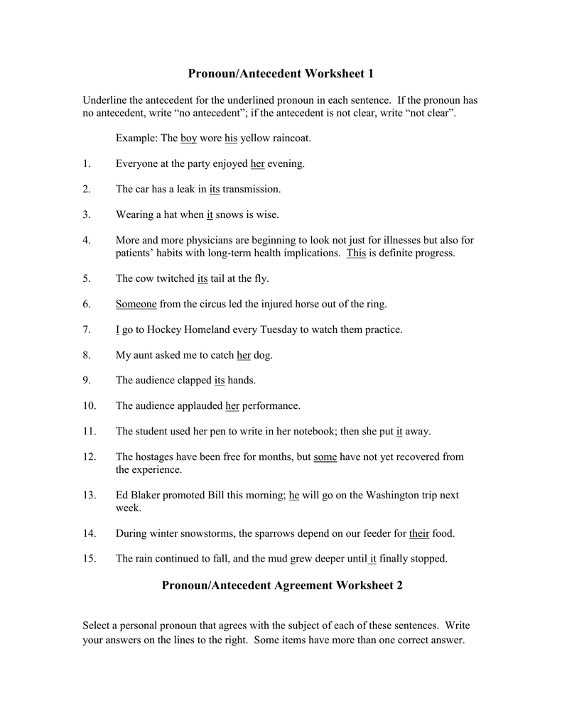 Pronoun Antecedent Agreement Worksheet Pronoun Antecedent Worksheetdoc