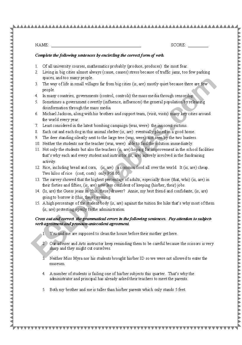 Pronoun Antecedent Agreement Worksheet Subject Verb And Pronoun Antecedent Agreement Quiz Esl Worksheet