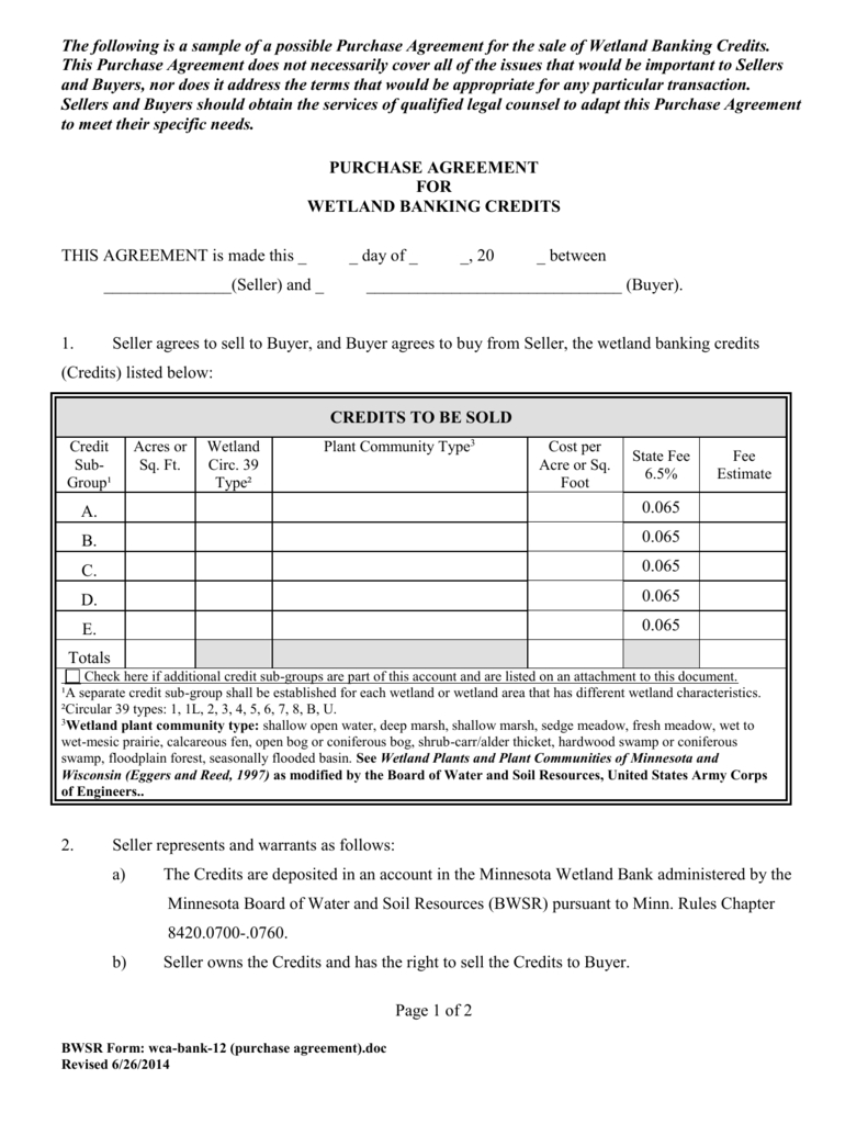 Purchase Agreement Mn Purchase Agreement Minnesota Board Of Water And Soil Resources
