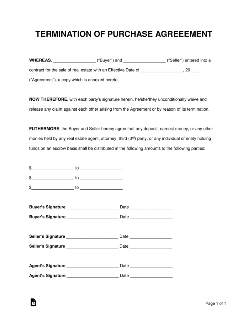 Purchase Contract Cancellation Agreement Free Termination Letter To Purchase Agreement Pdf Word Eforms