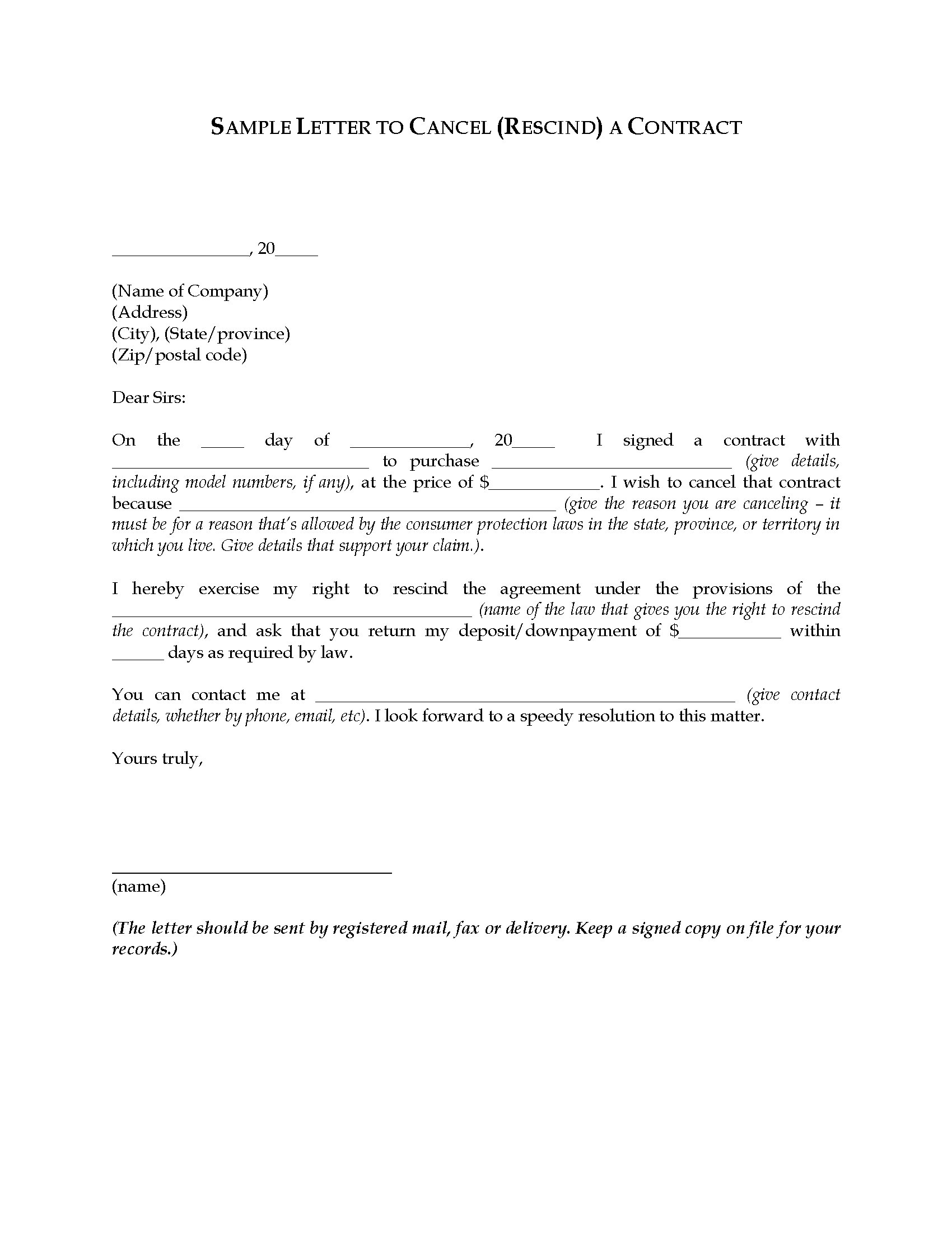 Purchase Contract Cancellation Agreement Letter To Rescind Cancel A Contract Legal Forms And Business