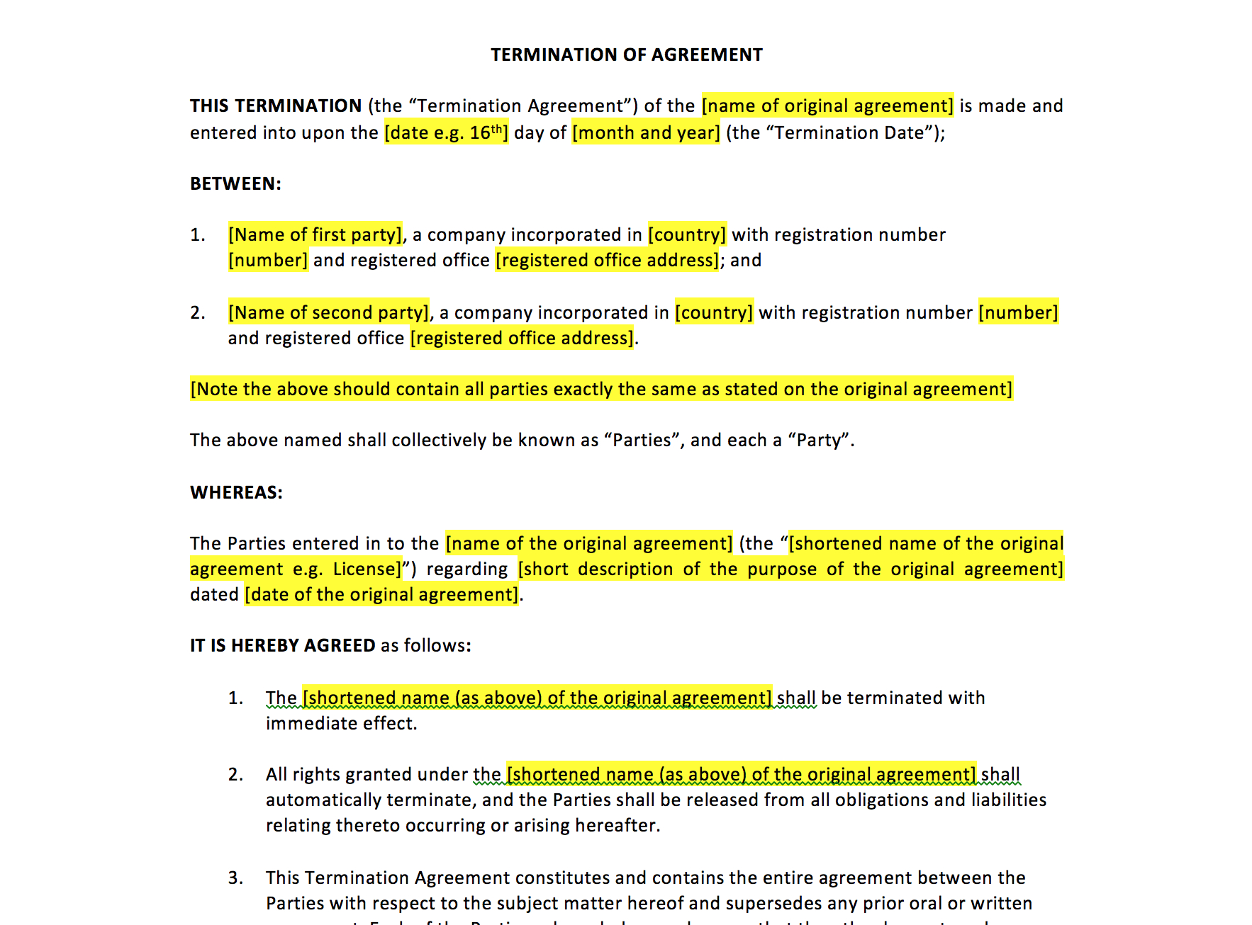 Purchase Contract Cancellation Agreement Termination Of Agreement Template