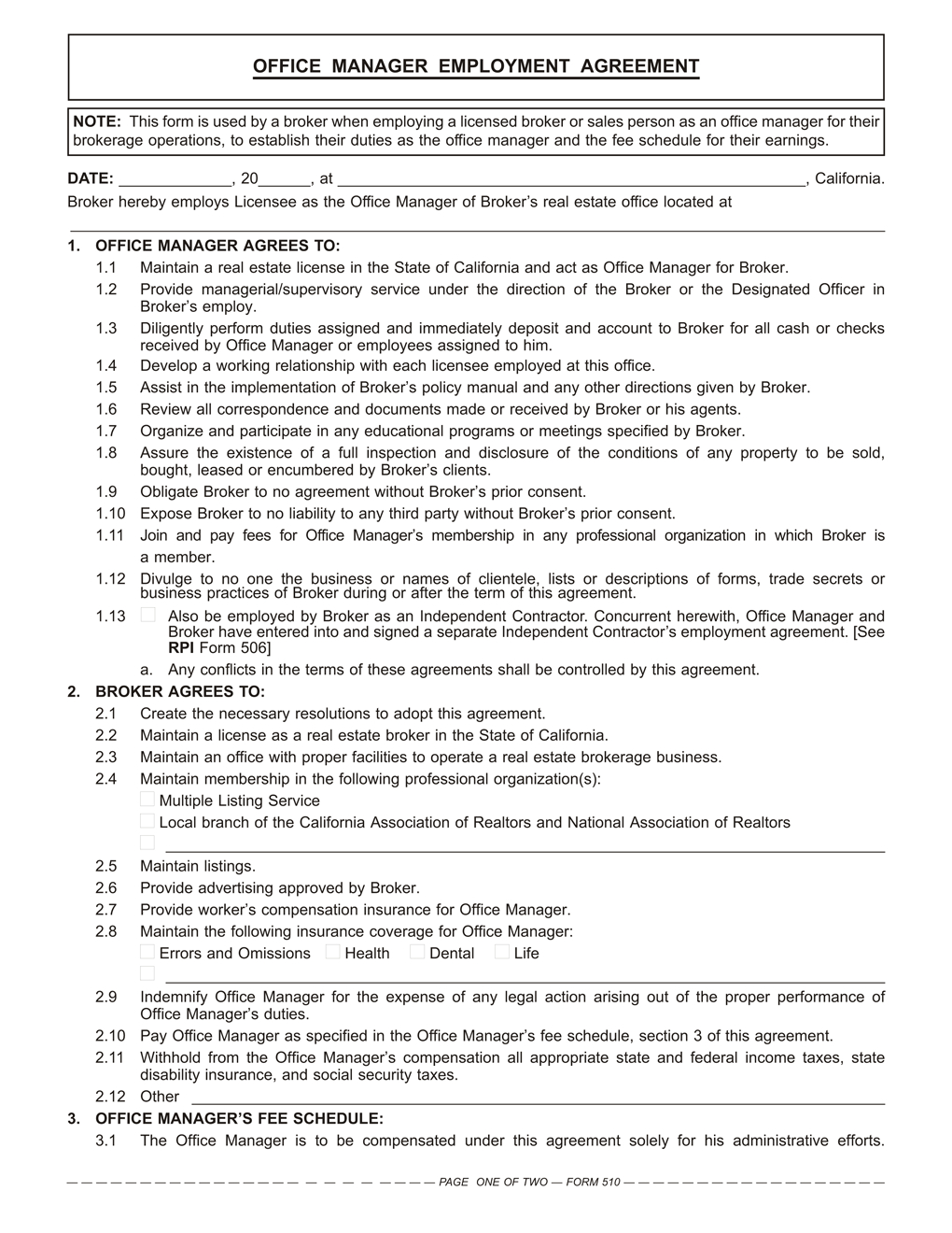 Real Estate Broker Employment Agreement Office Manager Employment Agreement Rpi Form 510 First Tuesday