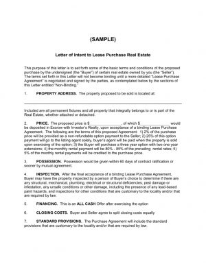 Real Estate Intent To Purchase Agreement Letter Of Intent To Lease Purchase Real Estate