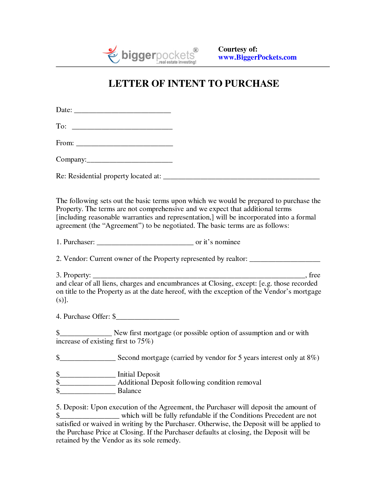 Real Estate Intent To Purchase Agreement Letter Of Intent To Purchase Land Template Samples Letter Template