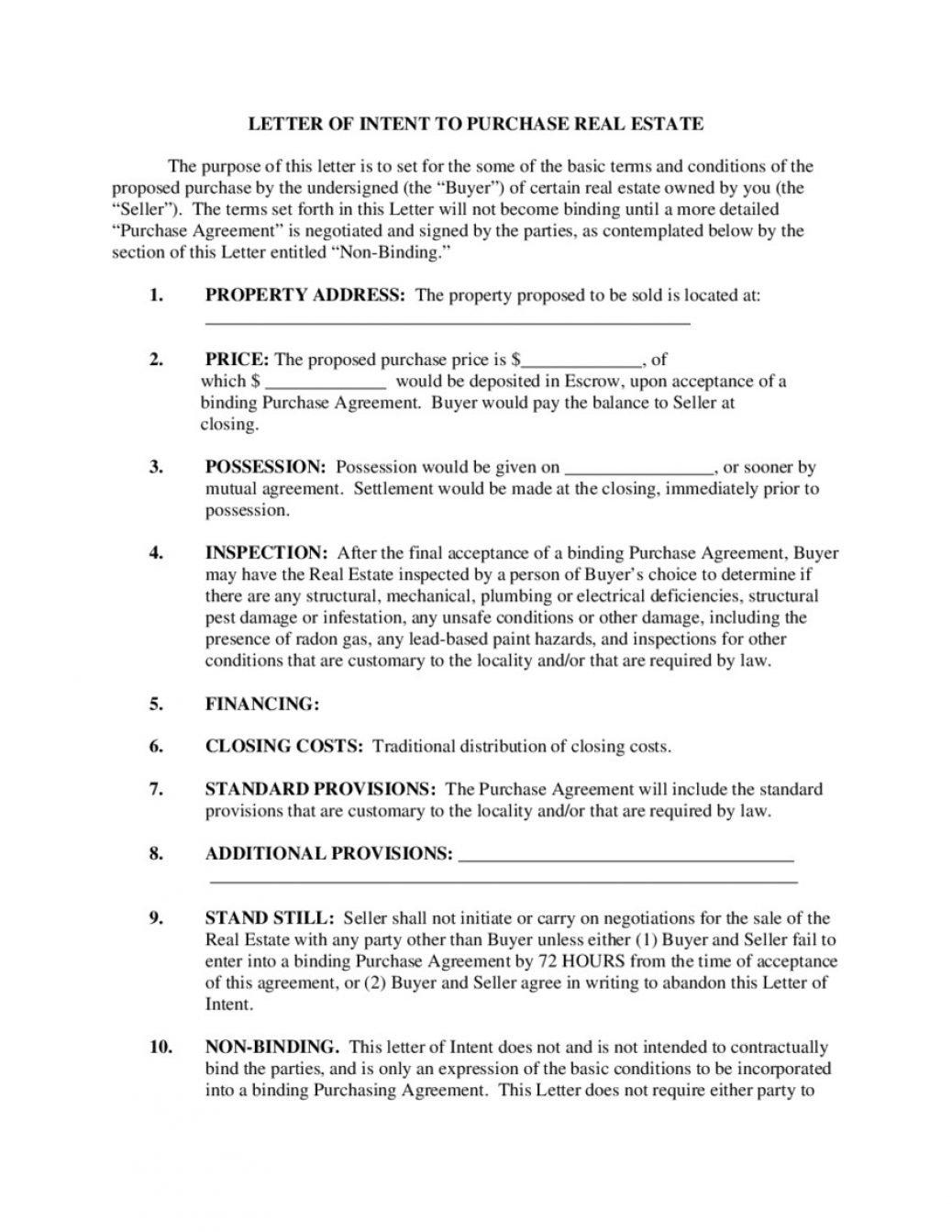 Real Estate Intent To Purchase Agreement Non Binding Letter Of Intent Template Examples Letter Templates
