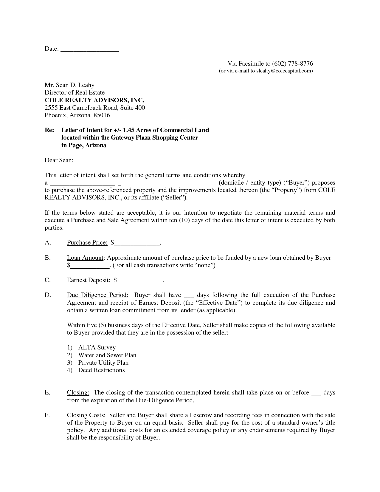 Real Estate Intent To Purchase Agreement Real Estate Loi Template Letter Of Intent For Business Purchase