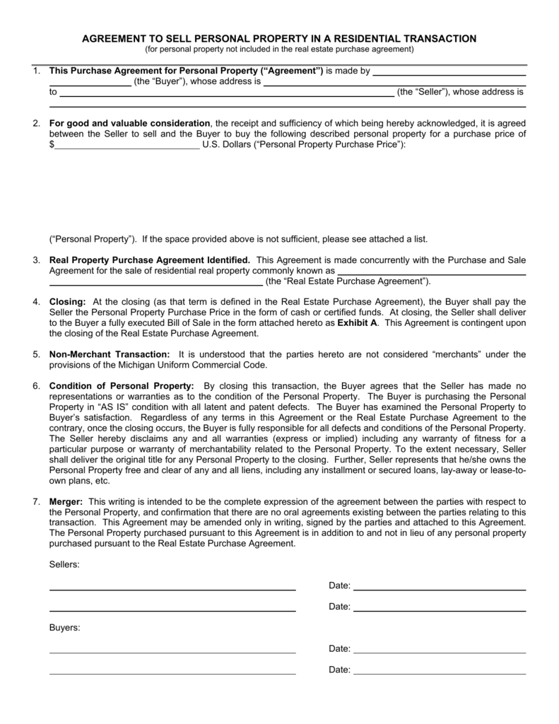 Real Estate Purchase Agreement Form Agreement To Sell Personal Property In A Residential Transaction