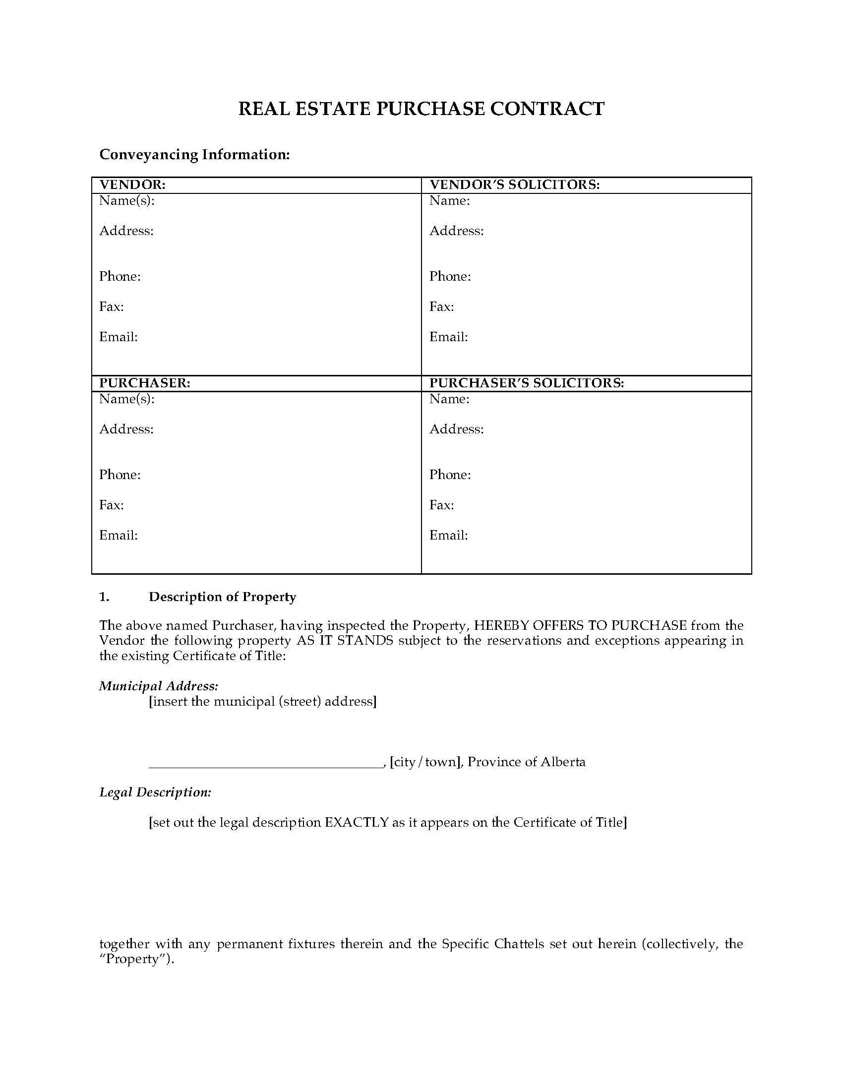 Real Estate Purchase Agreement Form Alberta As Is Real Estate Purchase Contract