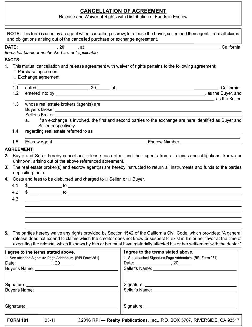 Real Estate Purchase Agreement Form Cancellation Of Agreement Release And Waiver Of Rights With