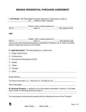 Real Estate Purchase Agreement Form Free Indiana Residential Purchase And Sale Agreement Word Pdf