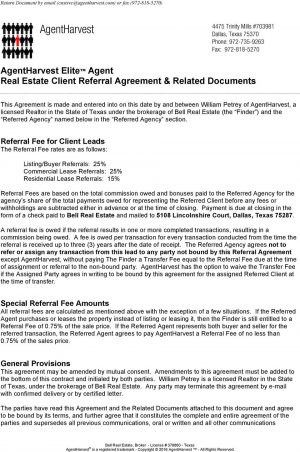 Referral Fee Agreement Form Agentharvest Elite Agent Real Estate Client Referral Agreement