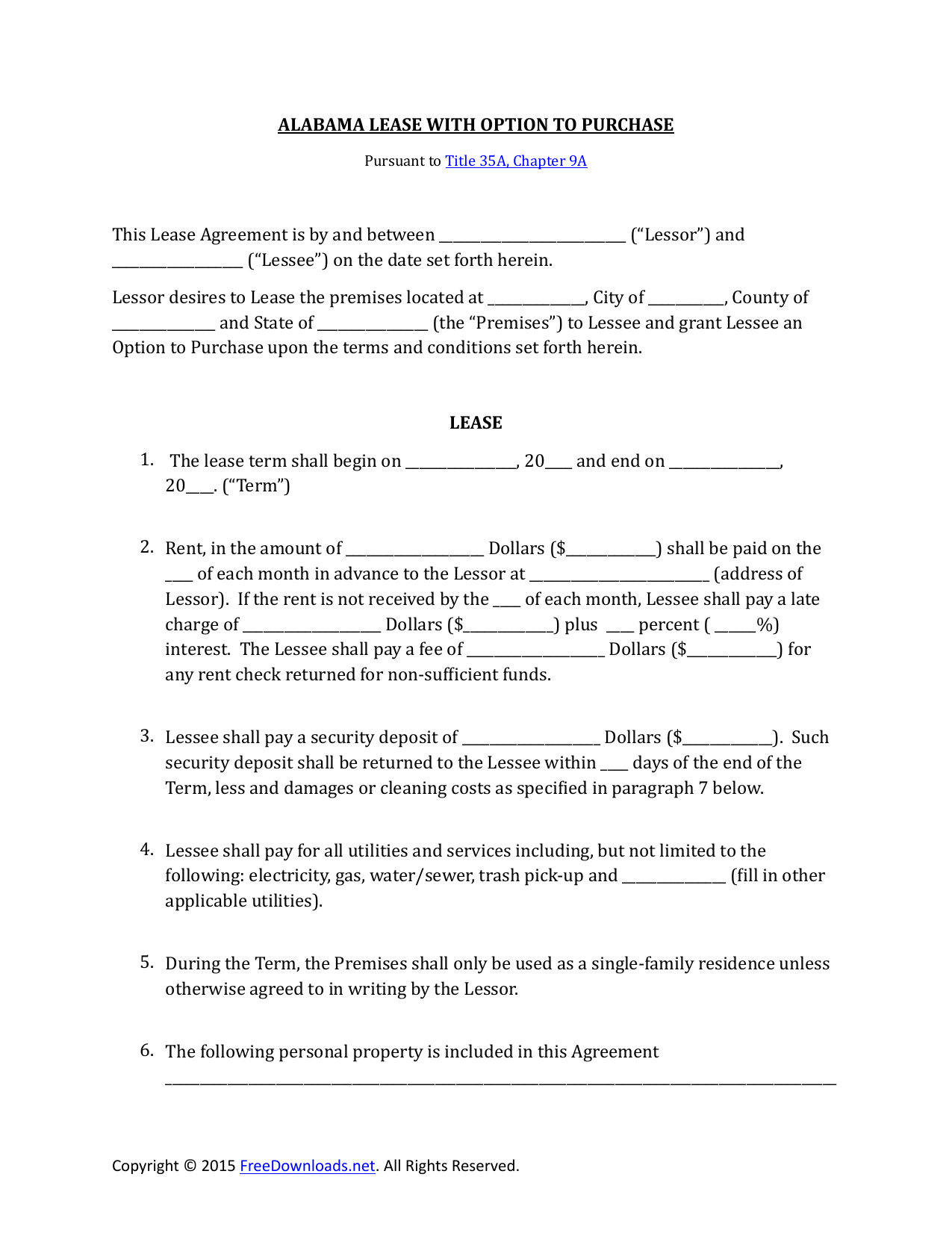 Rent To Own Agreement Download Alabama Lease Purchase Rent To Own Agreement Pdf Rtf