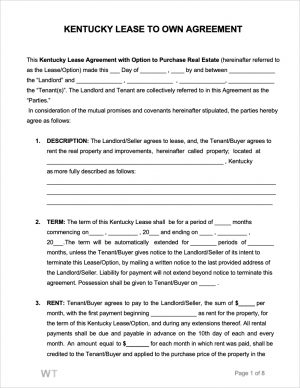 Rent To Own Agreement Free Kentucky Lease To Own Agreement