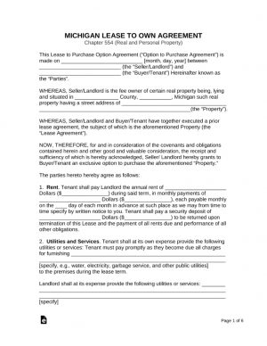 Rent To Own Agreement Free Michigan Lease To Own Option To Purchase Agreement Pdf