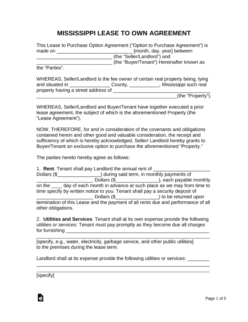 Rent To Own Agreement Free Mississippi Lease To Own Option To Purchase Agreement Form