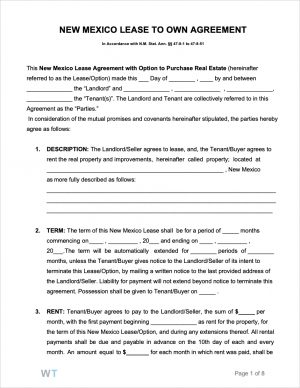 Rent To Own Agreement Free New Mexico Lease To Own Agreement Pdf Word Rtf