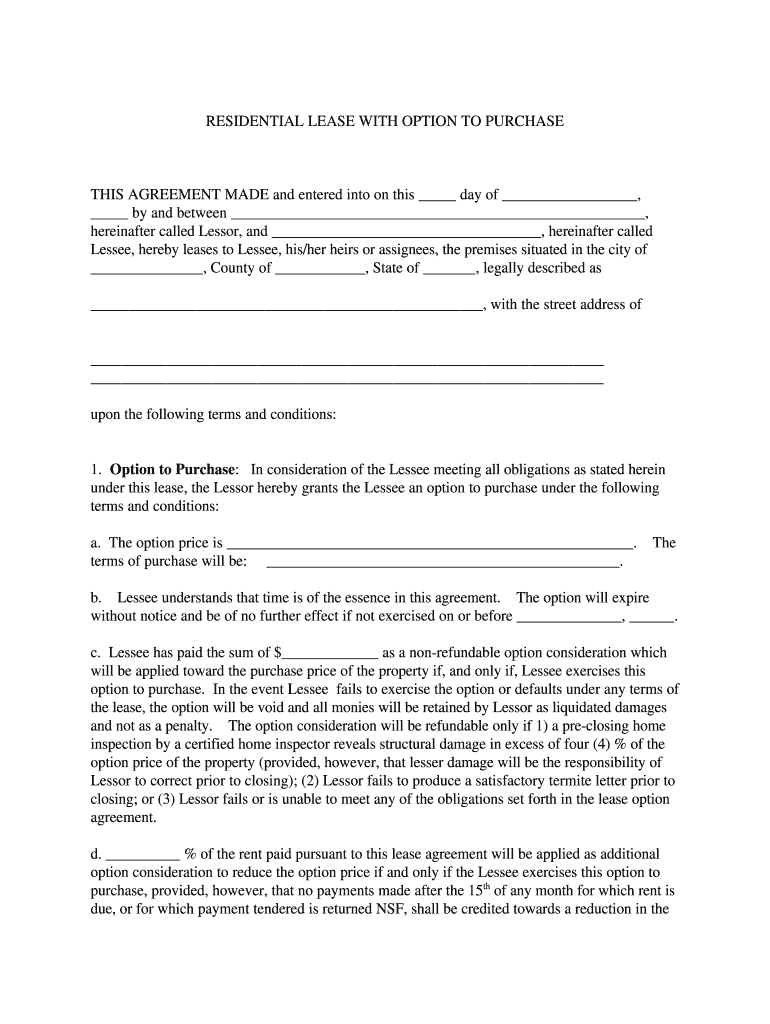 Rent To Own Agreement Lease Purchase Contract Fill Online Printable Fillable Blank