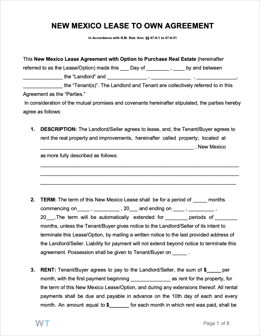 Rent To Own Agreement Sample Free New Mexico Lease To Own Agreement Pdf Word Rtf