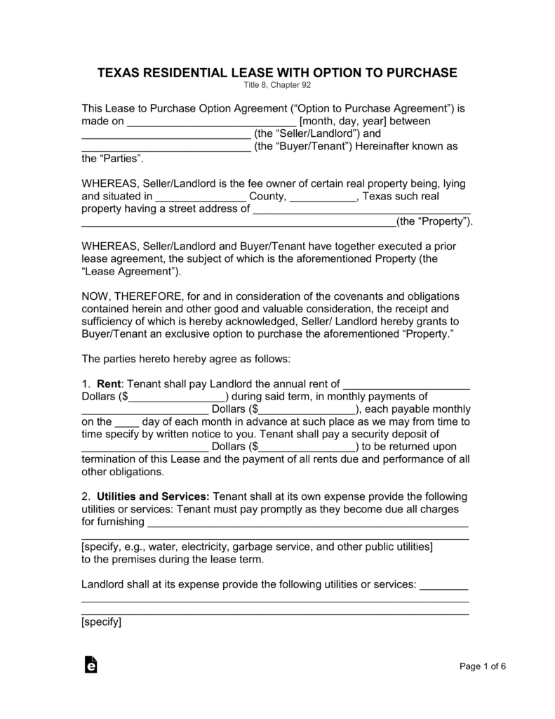 Rent To Own Agreement Sample Free Texas Lease Agreement With Option To Purchase Form Pdf Word