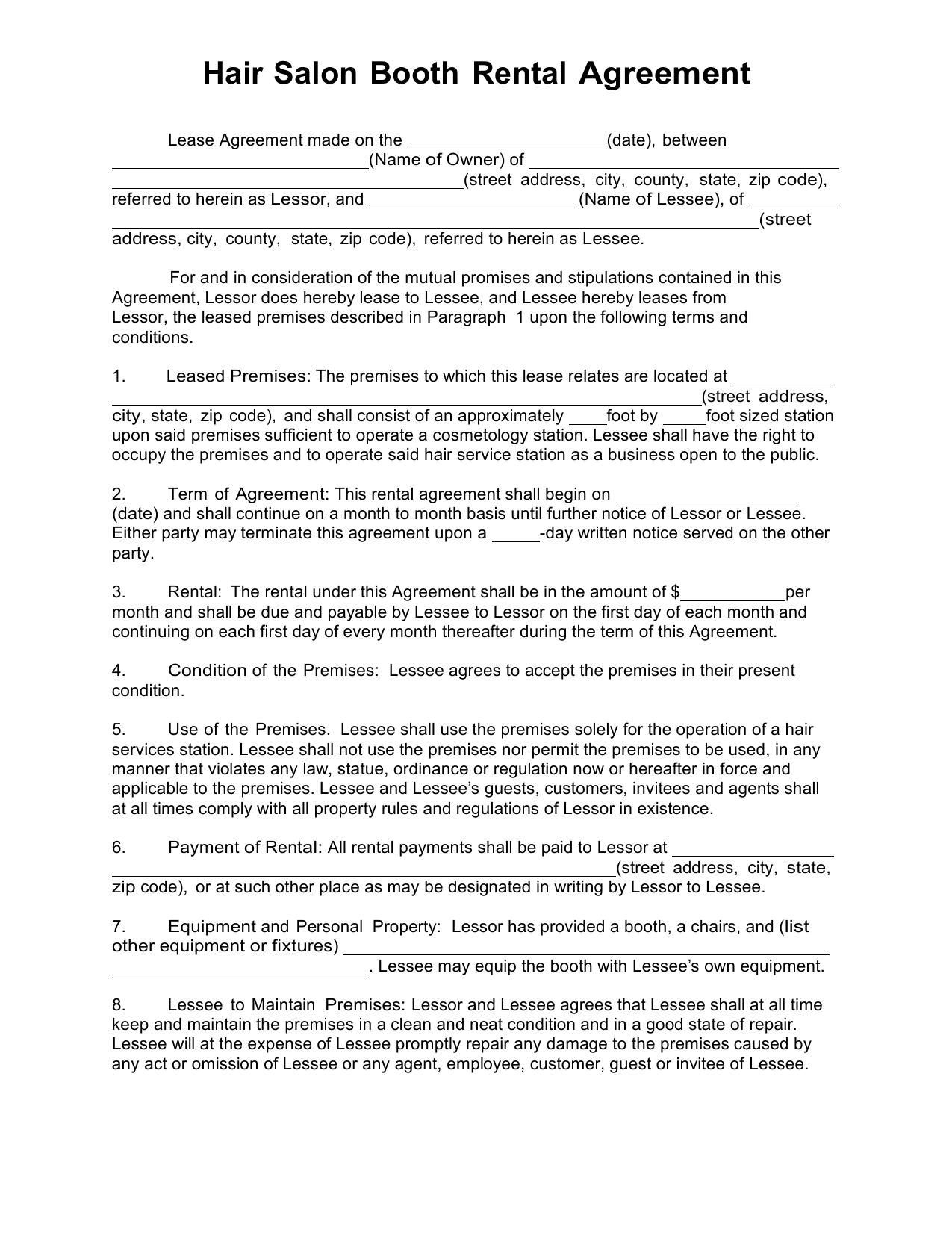 Rental Agreement Contract Download Salon Booth Rental Lease Agreement Template Pdf Rtf