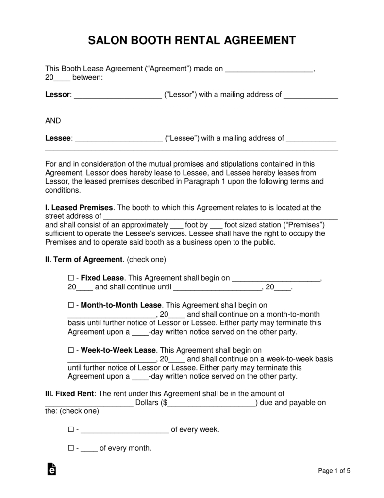 Rental Agreement Contract Free Booth Salon Rental Lease Agreement Pdf Word Eforms