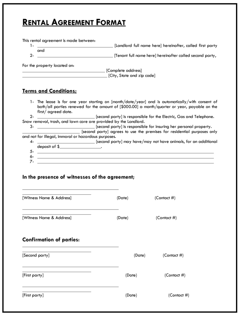 Rental Agreement Contract Rental Agreement Format Template